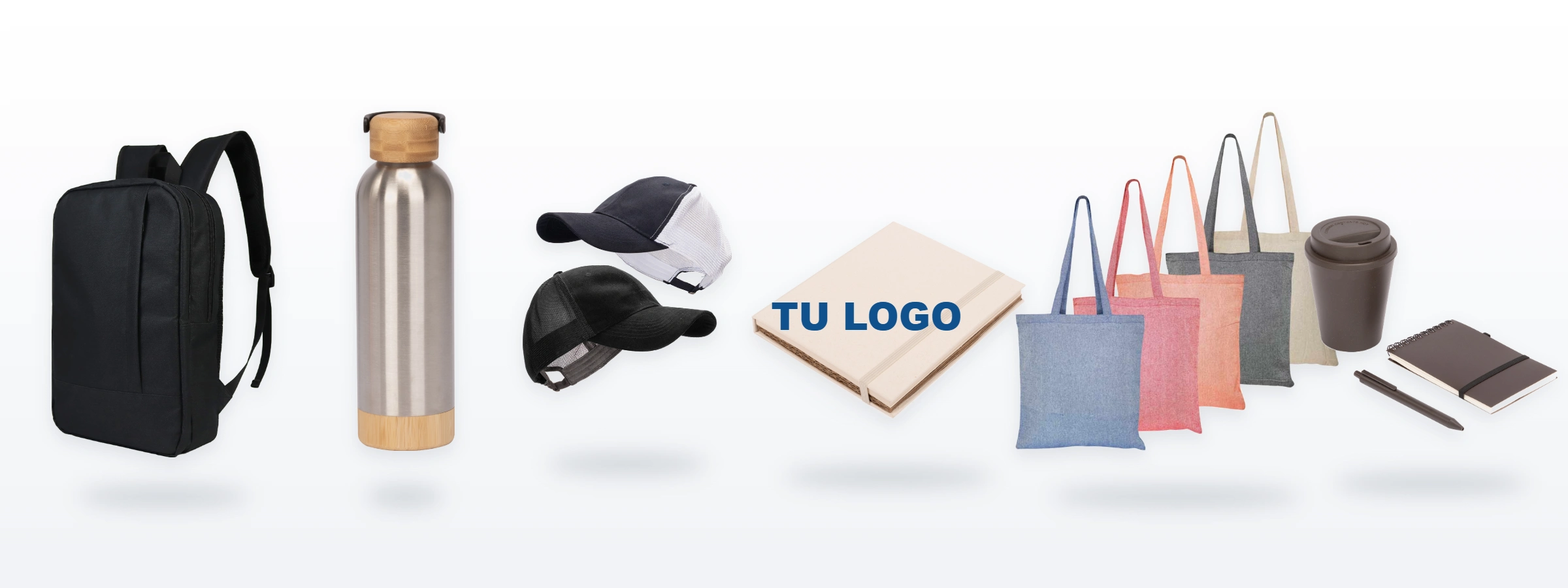 Productos corporativos personalizables con tu logo: mochila, botella, jockeys, libreta, bolsas y set de oficina